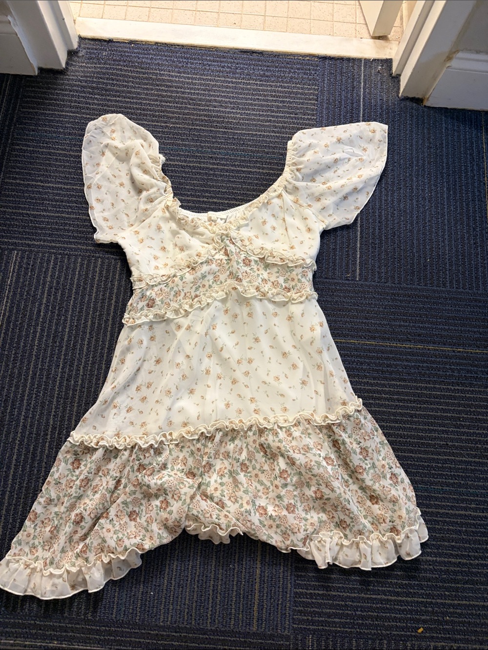 Ultra Flirt Cream Floral Ruffle Peasant Dress